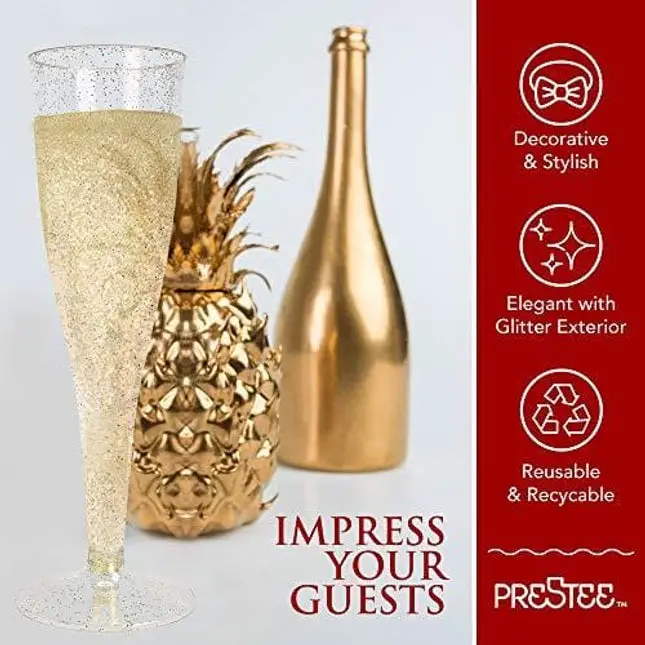 Plastic Champagne Flutes Disposable - 100 Pack | Silver Glitter Plastic Champagne Glasses for Parties | Glitter Clear Plastic Cups | Plastic Toasting Glasses | Mimosa Glasses | Wedding Party Bulk Pack