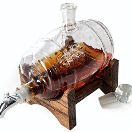 Bourbon Barrel Whiskey Decanter With Ship - 1000ml Liquor Dispenser - Sailing/Boating Gifts for Men and Women, Nautical Decor Retirement Gift (Tomoka Gold)