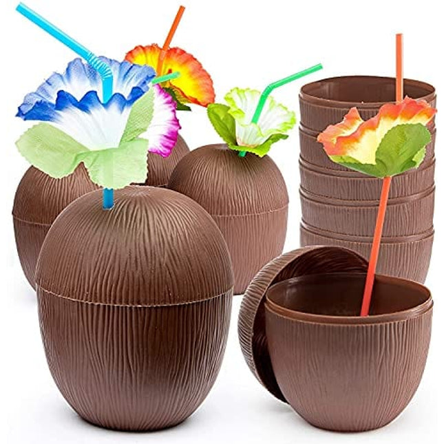 Prextex 12 Pack Coconut Cups for Hawaiian Luau Kids Party with Hibiscus Flower Straws - Tiki and Beach Theme Party Fun Drink or Decoration Cups