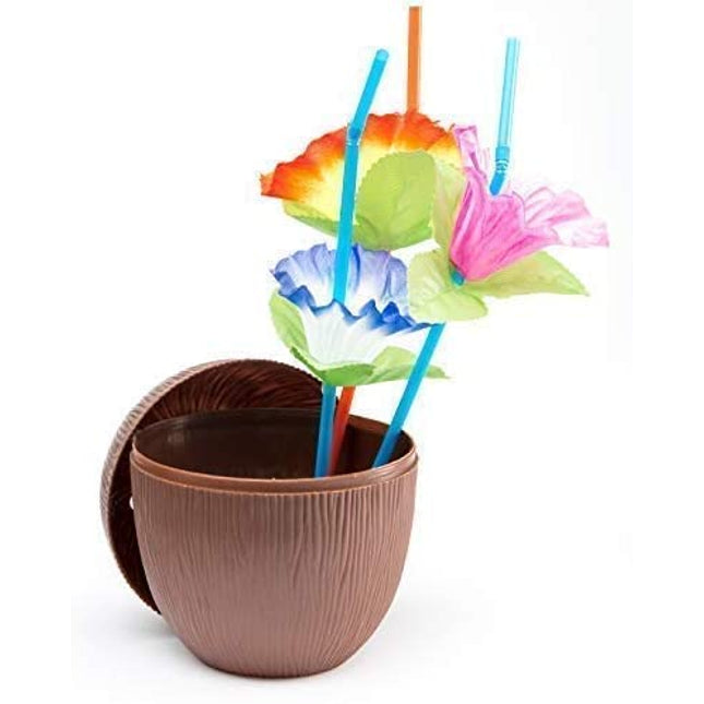 Prextex 12 Pack Coconut Cups for Hawaiian Luau Kids Party with Hibiscus Flower Straws - Tiki and Beach Theme Party Fun Drink or Decoration Cups