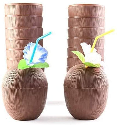 Prextex 12 Pack Coconut Cups for Hawaiian Luau Kids Party with Hibiscus Flower Straws - Tiki and Beach Theme Party Fun Drink or Decoration Cups