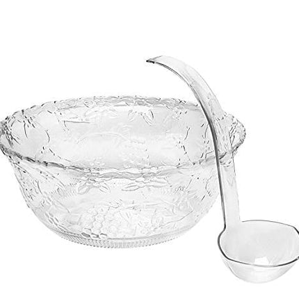 Pro Dispose Heavyweight Clear Plastic 2 Gallon Punch Bowl With 5 OZ Plastic Serving Ladle, Embroidered Design 8 Quart Serving Bowl.