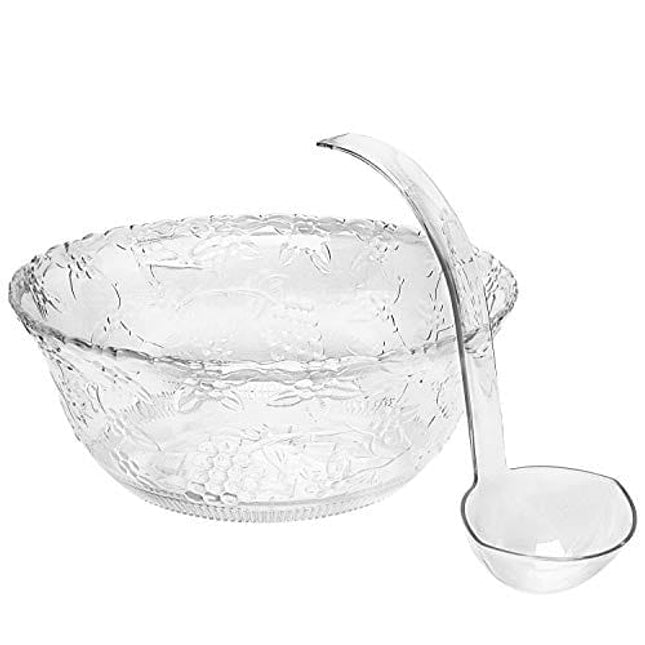 Pro Dispose Heavyweight Clear Plastic 2 Gallon Punch Bowl With 5 OZ Plastic Serving Ladle, Embroidered Design 8 Quart Serving Bowl.