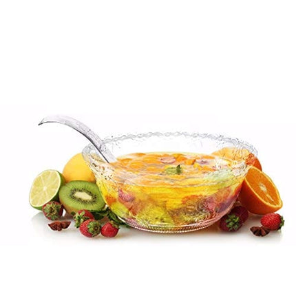 Pro Dispose Heavyweight Clear Plastic 2 Gallon Punch Bowl With 5 OZ Plastic Serving Ladle, Embroidered Design 8 Quart Serving Bowl.
