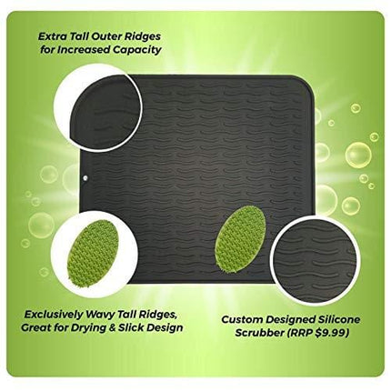 Silicone Dish Drying Mat & Scrubber 17.8" x 15.8" | Kitchen Dish Drainer Mat & Large Silicone Trivet | Draining Pad for Counter Top (XL Black)