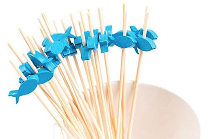 PuTwo Cocktail Toothpicks 100 Counts Cocktail Picks Handmade Natural Bamboo Cocktail Sticks Eco-Friendly Appetizer Skewers for Cocktail Appetizers Fruits Dessert - Blue Fishes