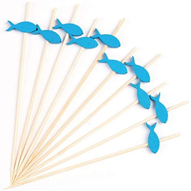 PuTwo Cocktail Toothpicks 100 Counts Cocktail Picks Handmade Natural Bamboo Cocktail Sticks Eco-Friendly Appetizer Skewers for Cocktail Appetizers Fruits Dessert - Blue Fishes
