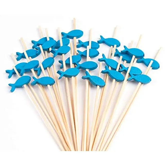 PuTwo Cocktail Toothpicks 100 Counts Cocktail Picks Handmade Natural Bamboo Cocktail Sticks Eco-Friendly Appetizer Skewers for Cocktail Appetizers Fruits Dessert - Blue Fishes