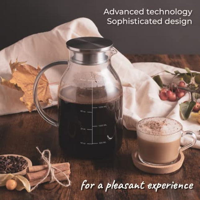 Pykal Glass Water Pitcher with Lid - 68 Oz - Heat Resistant Iced Tea or Coffee Jug with Handle and Lid - Borosilicate Pitchers for Hot or Cold Liquids - w/Free Brush