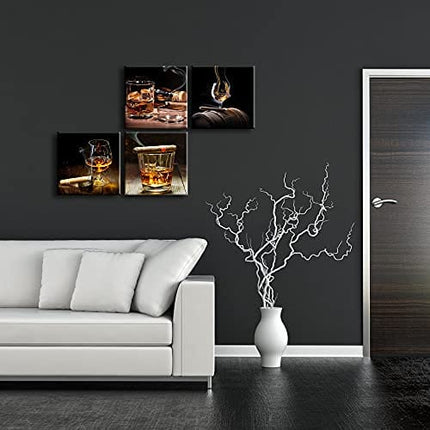Pyradecor Cigar Wine Whisky Canvas Prints Wall Art Liquor Still Life Pictures Paintings for Kitchen Bar Pub Home Decorations 4 Piece Modern Stretched Ready to Hang Artwork