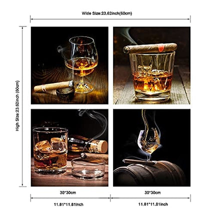 Pyradecor Cigar Wine Whisky Canvas Prints Wall Art Liquor Still Life Pictures Paintings for Kitchen Bar Pub Home Decorations 4 Piece Modern Stretched Ready to Hang Artwork