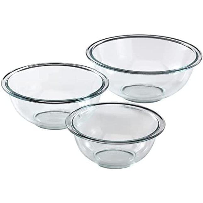 Pyrex Smart Essentials 3-Piece Prepware Mixing Bowl Set, 1-Qt, 1.5-Qt ,and 2.5-Qt Glass Mixing Bowls, Dishwasher, Microwave and Freezer Safe