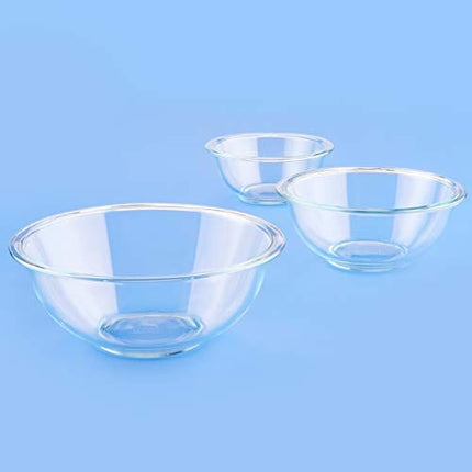 Pyrex Smart Essentials 3-Piece Prepware Mixing Bowl Set, 1-Qt, 1.5-Qt ,and 2.5-Qt Glass Mixing Bowls, Dishwasher, Microwave and Freezer Safe