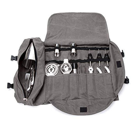 Bar & Wine Tools Bag, Bartender Kit Bag, Portable Bar Case bag for Travel, Professional Bartender Kit Tote Bag, Portable Large Bar Sets Roll Bag, Grey (Not Include Tools)