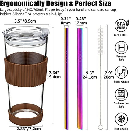 Boba Cup Reusable Bubble Tea Cup Smoothie Cups, 24Oz Glass Boba Tumbler with Lids & 2 Angled Straw, Silicone Sleeve, Leakproof Drinking Bottle Juicing Travel Mug for Large Pearl Coffee Christmas Gifts
