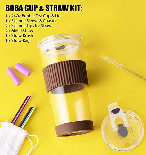 Boba Cup Bubble Tea Cup 700ml Wide Mouth Smoothie Cups With Lid & Straws  With White Cleaning Brush Nice
