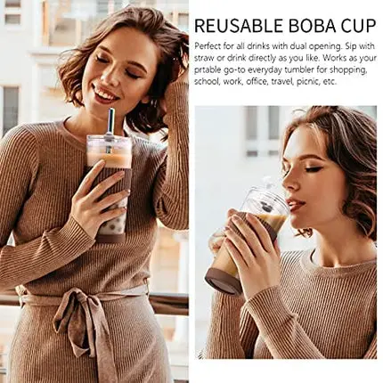 Boba Cup Reusable Bubble Tea Cup Smoothie Cups, 24Oz Glass Boba Tumbler with Lids & 2 Angled Straw, Silicone Sleeve, Leakproof Drinking Bottle Juicing Travel Mug for Large Pearl Coffee Christmas Gifts