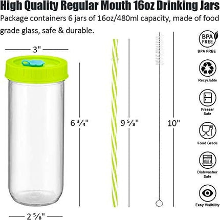 Glass Drinking Bottle Travel Drinking Jars 6 Pack, 16oz Mason Jars Regular Mouth Beverage Bottle with Airtight Lids &Straws, Reusable Water Bottle Skinny Tumbler for Juice/Smoothies,/Kombucha/Tea/Milk