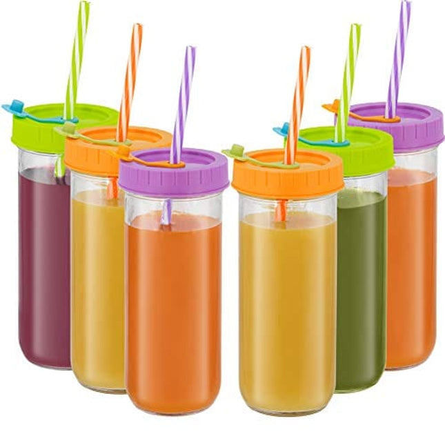 Glass Drinking Bottle Travel Drinking Jars 6 Pack, 16oz Mason Jars Regular Mouth Beverage Bottle with Airtight Lids &Straws, Reusable Water Bottle Skinny Tumbler for Juice/Smoothies,/Kombucha/Tea/Milk