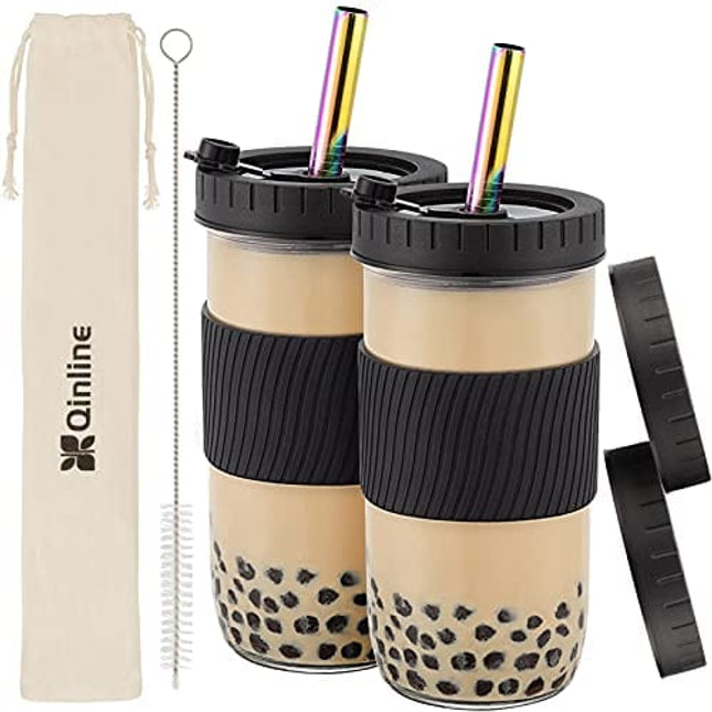 Reusable Boba Cup Bubble Tea Cup 2 Pack, 24Oz Wide Mouth Smoothie Cups with Lid, Silicone Sleeve & Angled Wide Straws, Leakproof Glass Mason Jars Drinking Water Bottle Travel Tumbler for Large Pearl