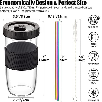 Reusable Boba Cup Bubble Tea Cup 4 Pack, 24Oz Wide Mouth Smoothie Cups with Lid, Silicone Sleeve & Angled Wide Straws, Leakproof Glass Mason Jars Drinking Water Bottle Travel Tumbler for Large Pearl