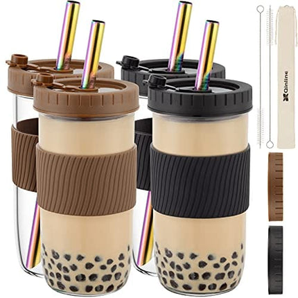Reusable Boba Cup Bubble Tea Cup 4 Pack, 24Oz Wide Mouth Smoothie Cups with Lid, Silicone Sleeve & Angled Wide Straws, Leakproof Glass Mason Jars Drinking Water Bottle Travel Tumbler for Large Pearl