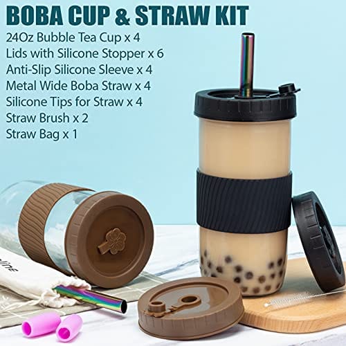 Set Of 2 Glass Tumbler With Lid And Straw, 24 Oz Mason Jar Drinking Cup  With Handle, Silicon Sleeve And Brush, Reusable Cup For Iced Coffee, Boba  Tea & Smoothie
