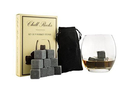 Set of 9 Grey Beverage Chilling Stones [Chill Rocks] Whiskey Stones for Whiskey and other Beverages - in Gift Box with Velvet Carrying Pouch - Made of 100% Pure Soapstone - by Quiseen