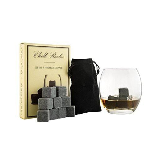 Set of 9 Grey Beverage Chilling Stones [Chill Rocks] Whiskey Stones for Whiskey and other Beverages - in Gift Box with Velvet Carrying Pouch - Made of 100% Pure Soapstone - by Quiseen