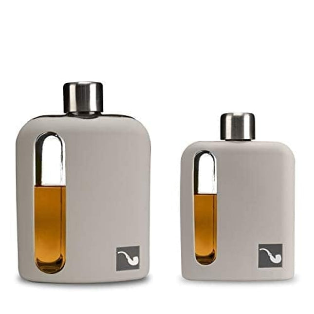 Modern Glass Hip Flask for Whiskey and Spirits (Single Shot 100ml + Double Shot 240ml, Silicone Light Gray)