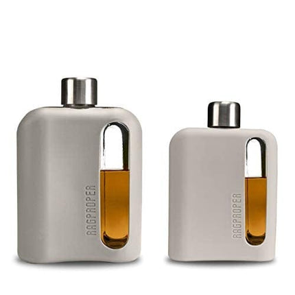 Modern Glass Hip Flask for Whiskey and Spirits (Single Shot 100ml + Double Shot 240ml, Silicone Light Gray)