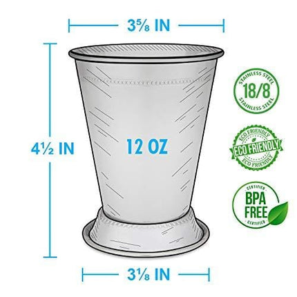 Mint Julep Cups: Stainless Steel Kentucky Derby Glasses, Set of 2 OR Set of 4, Metal 12 oz Cocktail Glasses, Derby Party Supplies