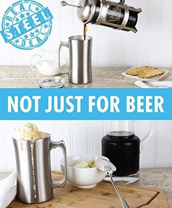 Stainless Steel Insulated Beer Mug: Real Deal Steel 20 Oz Beer Stein with Welded Handle and Clear Plastic Lid - Large Metal Tankard for IPA, Coffee, Tea - Double Walled Mugs for Hot or Cold Drinks (1)