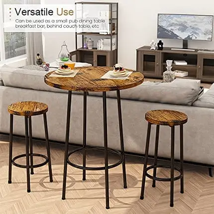 Recaceik 3 Piece Pub Dining Set, Modern Round bar Table and Stools for 2 Kitchen Counter Height Wood Top Bistro Easy Assemble for Breakfast Nook Living Room Small Space Restaurant, Rustic Brown 23