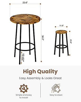 Recaceik 3 Piece Pub Dining Set, Modern Round bar Table and Stools for 2 Kitchen Counter Height Wood Top Bistro Easy Assemble for Breakfast Nook Living Room Small Space Restaurant, Rustic Brown 23