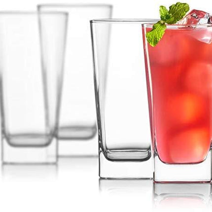 Highball Glasses [Set of 4] + 4 Stainless Steel Straws, 16 oz Lead-Free Crystal Clear Glass, Elegant Drinking Cups for Water, Wine, Beer, Cocktails and Mixed Drinks - Round Top, Square Bottom