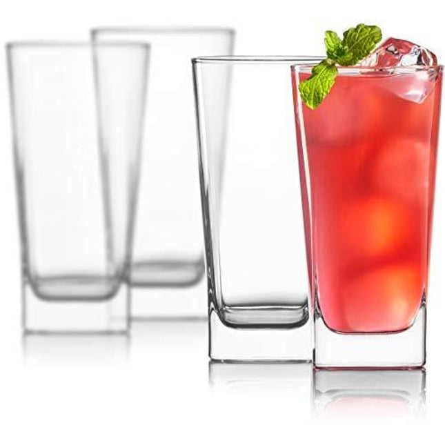 Highball Glasses [Set of 4] + 4 Stainless Steel Straws, 16 oz Lead-Free Crystal Clear Glass, Elegant Drinking Cups for Water, Wine, Beer, Cocktails and Mixed Drinks - Round Top, Square Bottom