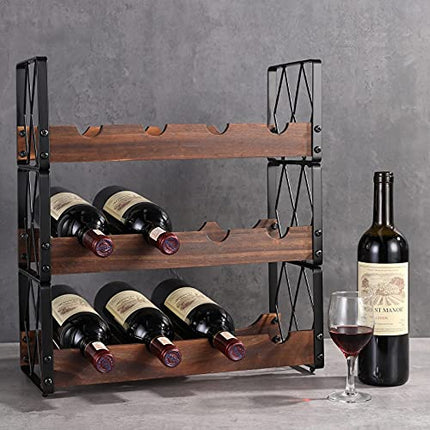 RedCall Wine Rack Freestanding,3 Tier Stackable Wine Bottle Holder Organizer,12 Bottles Wine Storage Shelf,Liquor Rack for Countertop,Solid Wood & Iron Rustic Style Liquor Cabinet