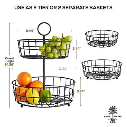 2 Tier Fruit Basket - French Country Wire Baskets by REGAL TRUNK & CO. | Two Tier Wire Basket Stand for Storing Veggies, Bread & More | Tiered Fruit Basket for Countertop or Hanging | Metallic Frame