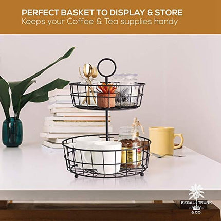 2 Tier Fruit Basket - French Country Wire Baskets by REGAL TRUNK & CO. | Two Tier Wire Basket Stand for Storing Veggies, Bread & More | Tiered Fruit Basket for Countertop or Hanging | Metallic Frame