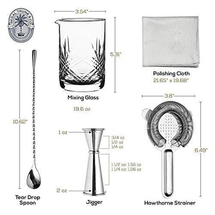 Classic Cocktail Mixing Glass Set – Seamless Weighted Lead-Free Handcrafted Crystal Mixing Glass Yarai Style | Stainless Steel Bar Spoon, Hawthorne Strainer, Japanese Jigger and Glass Polishing Cloth
