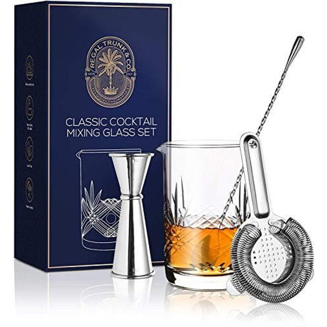 Classic Cocktail Mixing Glass Set – Seamless Weighted Lead-Free Handcrafted Crystal Mixing Glass Yarai Style | Stainless Steel Bar Spoon, Hawthorne Strainer, Japanese Jigger and Glass Polishing Cloth
