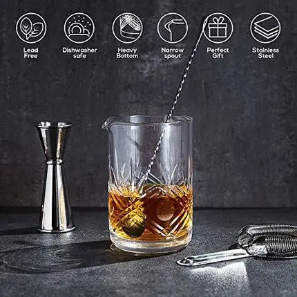 Classic Cocktail Mixing Glass Set – Seamless Weighted Lead-Free Handcrafted Crystal Mixing Glass Yarai Style | Stainless Steel Bar Spoon, Hawthorne Strainer, Japanese Jigger and Glass Polishing Cloth