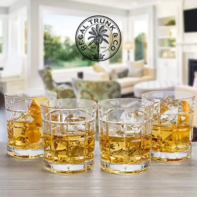 Regal Trunk & Co. Whiskey Decanter Sets | 4 Square Engraved Tumblers Whisky Decanter & Glass Set | Crystal Decanter Set Bourbon and Scotch | Comes In Gift Box and with Glass Polishing Cloth