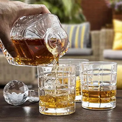 Regal Trunk & Co. Whiskey Decanter Sets | 4 Square Engraved Tumblers Whisky Decanter & Glass Set | Crystal Decanter Set Bourbon and Scotch | Comes In Gift Box and with Glass Polishing Cloth