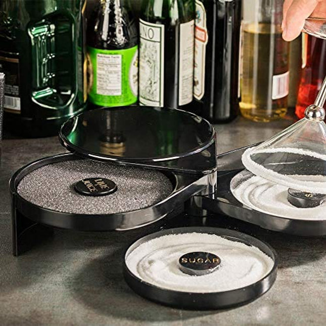 Bar Lux 7.8 x 6.3 x 2.8 Inch Bar Glass Rimmer, 1 3 Tiers Glass Rimming Station - Pull Out Compartments, For Cocktails, Black Plastic Bar Sugar Rimmer, For Salt, Sugar, Or Spices - Restaurantware