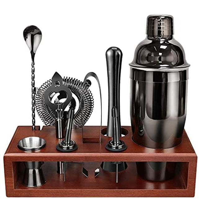Cocktail Shaker Set Bartender Kit with Stand Black 24 OZ for Tequila Whiskey, Bar Kit Drink Mixer Shaker Set Including Martini Shaker, Mojito Muddler, Jigger, Mixing Spoon, Hawthorne Strainer