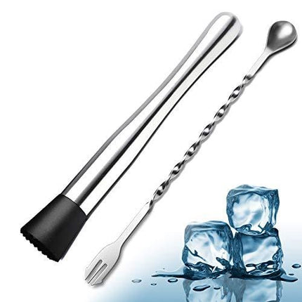 10 Inch Stainless Steel Cocktail Muddler and Mixing Spoon, 2 Pieces Home Bar Tool Bartender Set for Cocktails Mojitos Ice Fruit Drinks