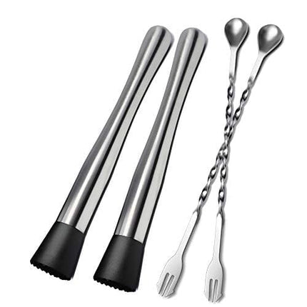 10 Inch Stainless Steel Cocktail Muddler and Mixing Spoon, 4 Pieces Home Bar Tool Bartender Set for Cocktails Mojitos Ice Fruit Drinks
