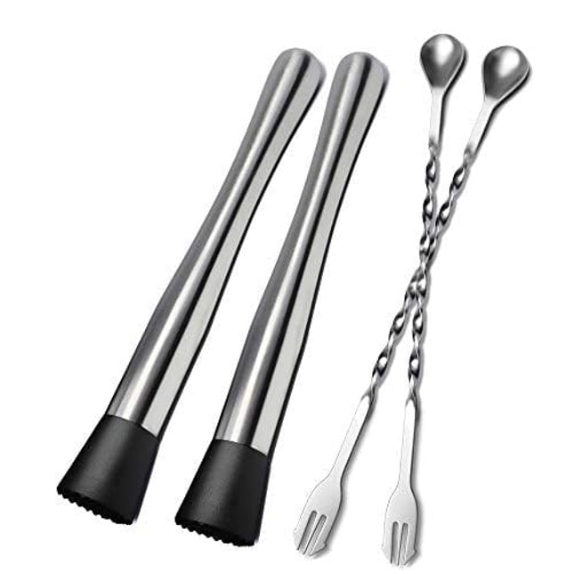 10 Inch Stainless Steel Cocktail Muddler and Mixing Spoon, 4 Pieces Home Bar Tool Bartender Set for Cocktails Mojitos Ice Fruit Drinks